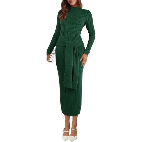 Dresses & Skirts - Women's Green Long Sleeve Neck Ribbed Knit Tie Waist Bodycon Midi Sweater Dress